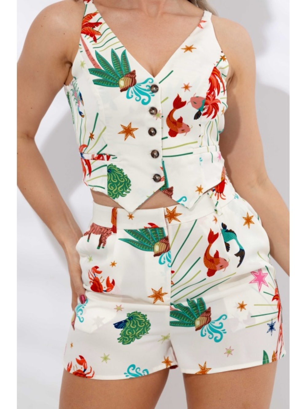 White Tropical Print Mini Dress Set with Colorful Motifs